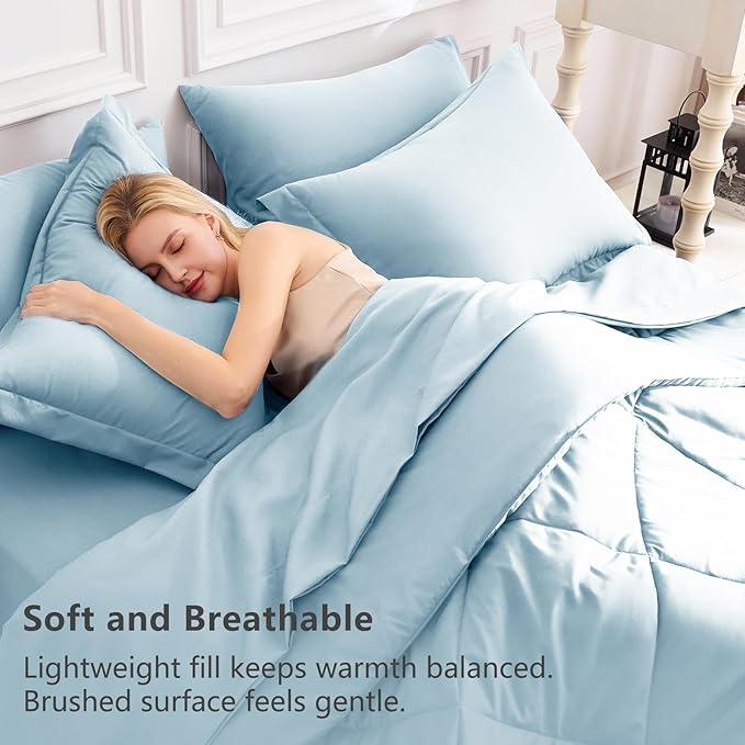 CozyLux Queen Comforter Set Light Blue - Bed in a Bag Queen Size 7 Pieces Luxury Soft Bed Set for All Seasons Bedding Set with Down Alternative Comforter Sheets Pillowcases &amp Shams