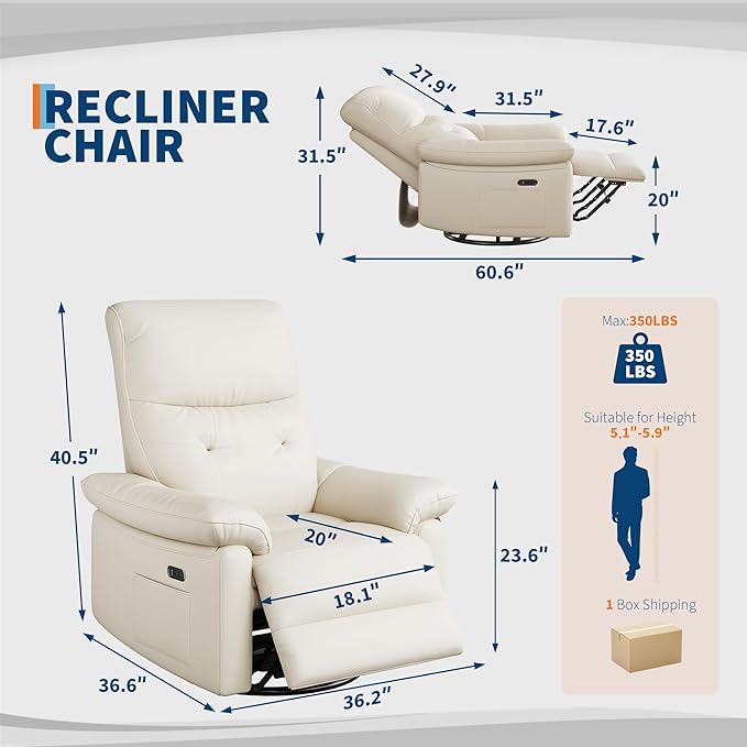GarveeHome Power Recliner Chair 270° Swivel Rocking Glider with USB Charging Port PU Leather Upholstered Fabric and Button Tufted Backrest Ergonomic Nursery Chair for Living Room (Cream)