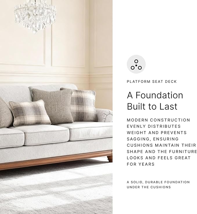 Signature Design by Ashley Meadowview Classic Upholstered Sofa with Reversible Seat Cushions 5 Accent Pillows and Rolled Armrest Light Gray