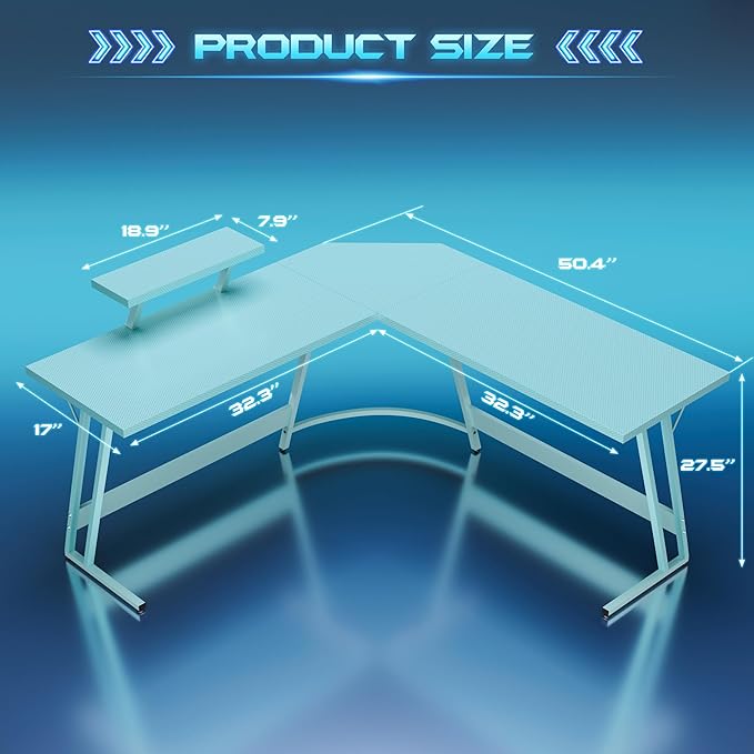 Homall L Shaped Gaming Desk Computer Corner Desk PC Gaming Desk Table with Large Monitor Riser Stand for Home Office Sturdy Writing Workstation (Blue 51 Inch)