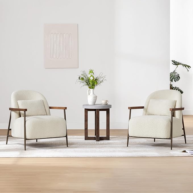 CHITA Accent Chair for Living Room Set of 2 FSC Certified Modern Upholstered Faux Sherpa Fabric Armchair with Metal Frame and Wooden Armrests Ivory