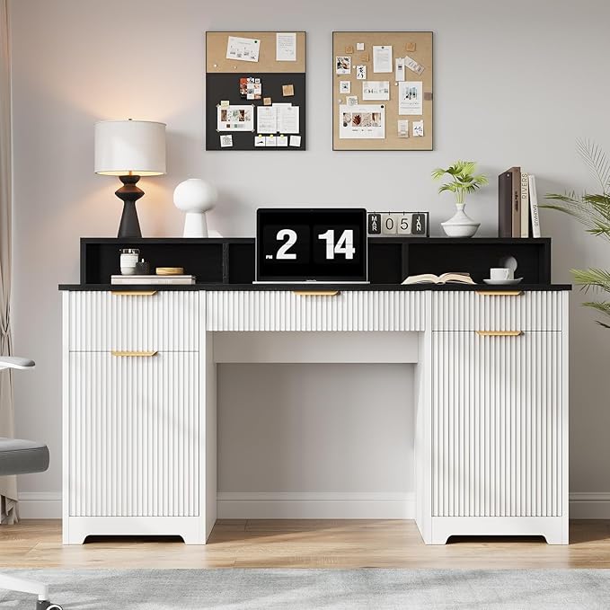 59 Executive Desk Fluted Office Desk with Power Outlets Long Monitor Stand Large Home Office Desks with 3 Drawers &amp 2 Storage Cabinet Computer Writing Desk for Study Bedroom White