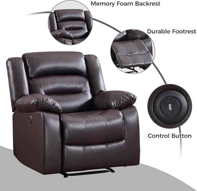 EBELLO Classic Power Recliner Chair Faux Leather Oversized Electric Overstuffed Chair with Thicked Cushion and Back Single Sofa with Comfortable Armchair Brown 2Pcs