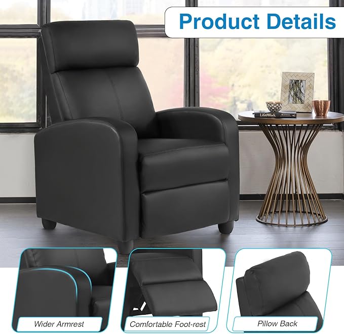 Recliner Chair Living Room Chair PU Leather Reclining Sofa Lounge Home Theater Seating with Lumbar Support Overstuffed High-Density Sponge Push Back Recliners Armchair for Living RoomBlack