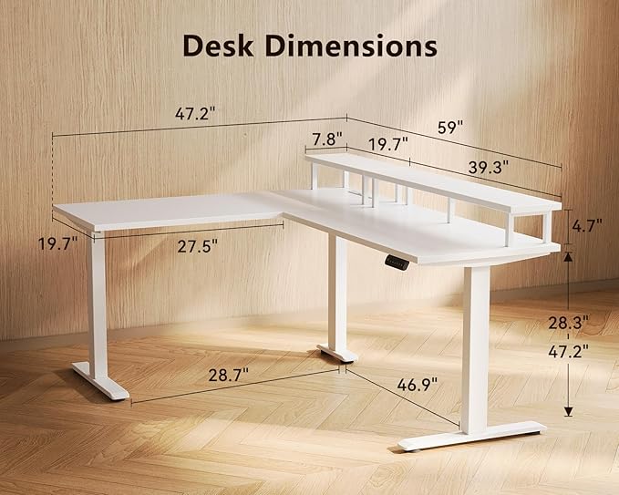 AODK Electric L-Shaped Standing Desk 59 Inch Height Adjustable Office Desk with Monitor Stand Sit-Stand Desk with Power Outlets Large Lift Table for Home Office Workstation White