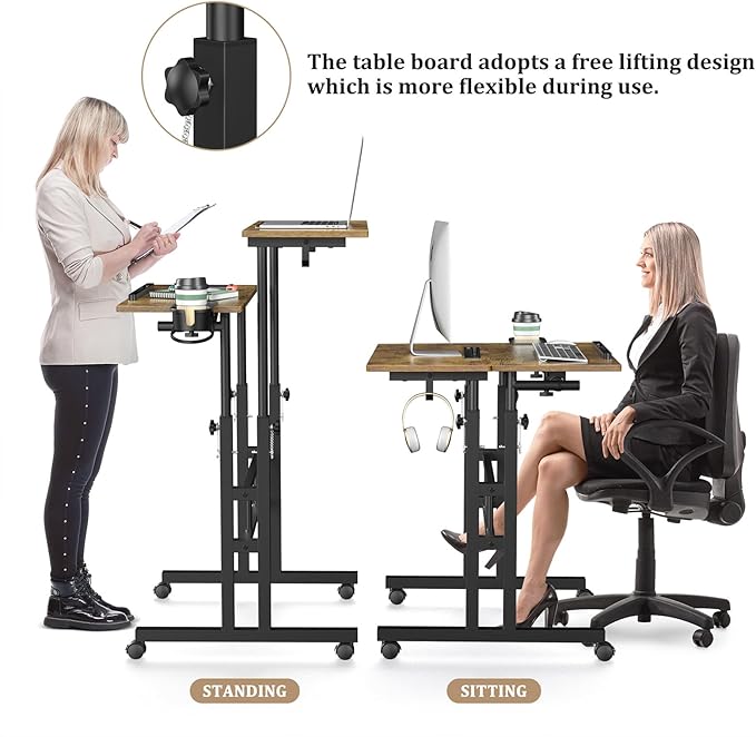 Small Standing Desk with Wheels Mobile Stand Up Desk Portable Standing Table on Wheels for Walking Pad Rolling Computer Desk Adjustable Height Tall Table