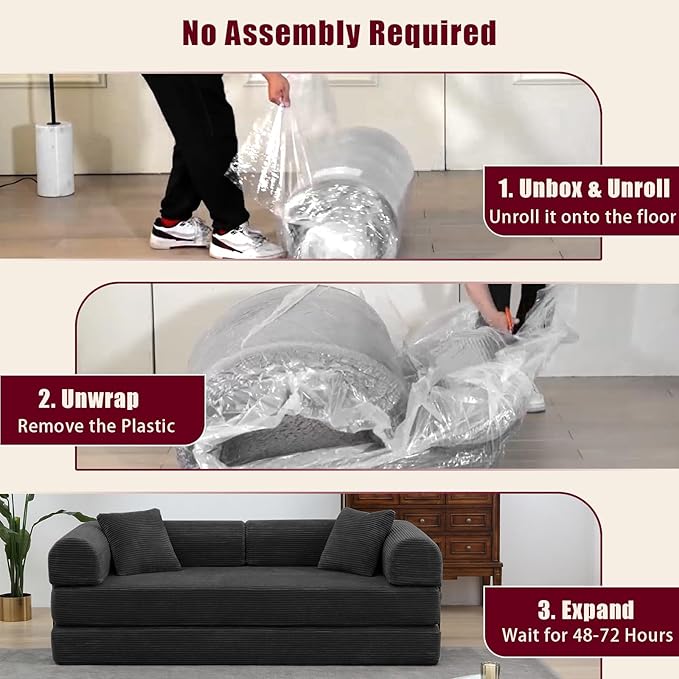 JJJ 63 inch Sofa Bed 4-in-1 Boneless Convertible Corduroy Sleeper Folding Couch with Fixed-Shape Frame and 2 Futons No Assemble Required 3 Seater Upholstered for Living Room (Black 63 inch)