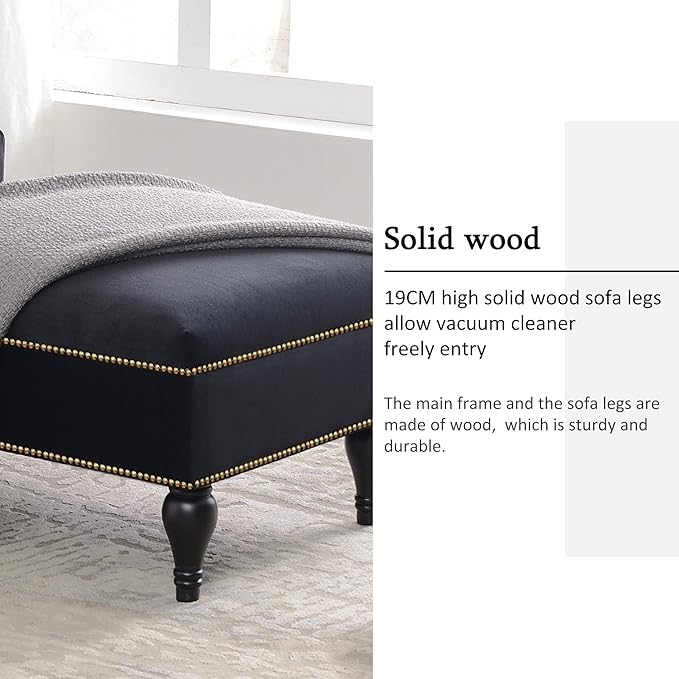 Luxe Velvet Chaise Lounge 58-Inch Right Arm Tufted Sofa with Bronze Nailhead Trim Black Velvet Upholstery Solid Wood Legs for Living Room