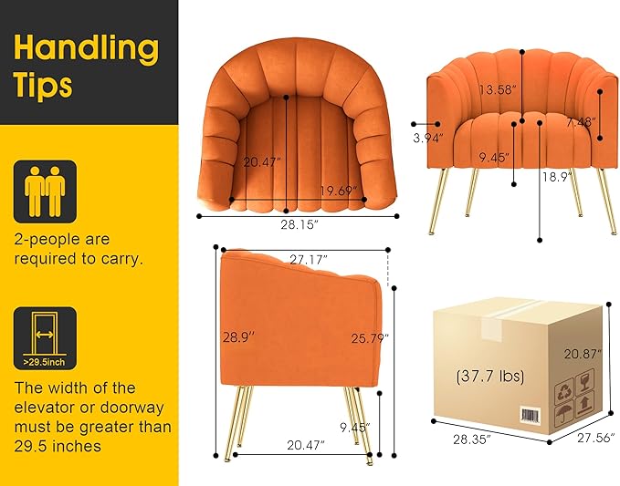 Oversized Pumpkin Couch Accent Chair Modern Comfy Velvet Upholstered Barrel Chairs Luxury Single Sofa Armchair for Living Room Waiting Room Office and Vanity (Orange)