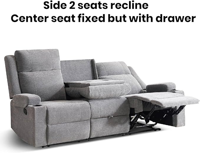 75'' Manual Reclining Sofa with Storage Drawer 3 Seat Wall Hugger Recliner Couch with Cup Holders Side Pockets Chenille Fabric Compact 3-Person Recliner for RV Living Room Apartment (Grey)