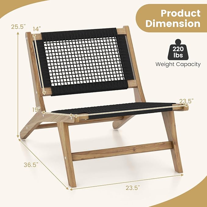 Tangkula Mid Century Modern Accent Chair with Ottoman Farmhouse Handwoven Cordage Living Room Chair with Teak Wooden Frame for Indoor Outdoor Lazy Lounge Chair for Home Bedroom Office