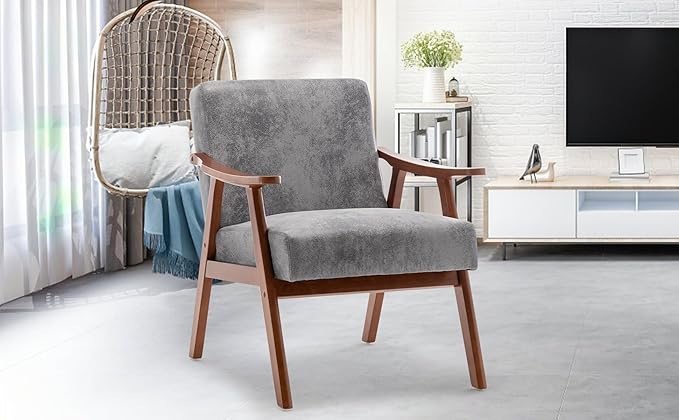 Mid-Century Modern Chair Living Room Chair with Solid Wood Frame Accent Chair Extra-Thick Backrest Wingback Chair for Bedroom Reading Room Living Room Lounge Chair Indoor (Grey)