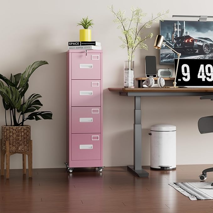 Aobabo 4 Drawer File Cabinet with Wheels Lockable Office Metal Filing Cabinet with Name Card for Office and HomeAssembly RequiredPink
