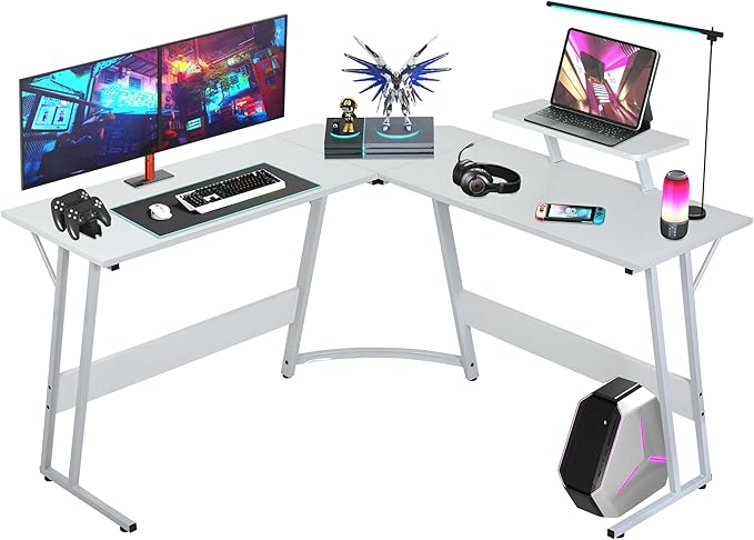 L Shaped Gaming Desk Modern Computer Desk Home Office Desks with Large Monitor Riser Stand Sturdy PC Desk for Bedroom Minimalist White 50Inch