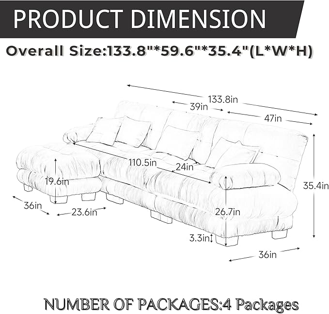 Modular Sectional Sofa for Living Room134 L-Shaped Comfy Couch with Ottoman Oversized 3 Seater Pink Sectional Couches with Pillows Fluffy Couch Set with Deep Seat