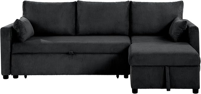 Sectional Sleeper Sofa with Pull Out Bed LShape Convertible Sofa Bed Couch with Storage Chaise 3 in 1 Pull Out Sofa Bed with 3 Seats for Living RoomApartment Black 85Inch