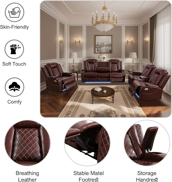 Power Recliner Loveseat Air Leather Reclining Couch with LED/Cup Holders/Storage 2-Seater Reclining Sofa Burgundy Leather Couch for House/Apartment/Office