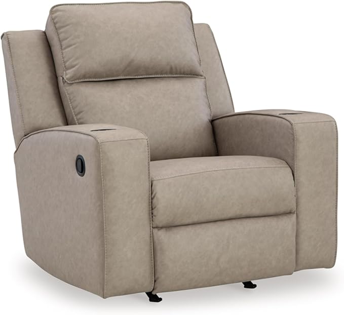Signature Design by Ashley Lavenhorne Contemporary Faux Leather Upholstered Manual Rocker Recliner with 2 Cup Holders Beige