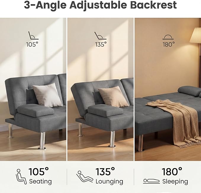 YESHOMY Modern Futon Sofa Bed Convertible Futon Couch with Adjustable Backrest Futon Loveseat Sleeper Sofa Bed with Armrest for Living Room Small SpacesLinen Fabric Dark Gray