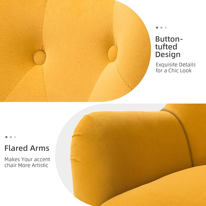 HULALA HOME Velvet Accent Chair Modern Wingback Arm Chair with Metal Gold Legs Velvet Tufted Upholstered Single Sofa Chair for Living Room Bedroom (Mustard)