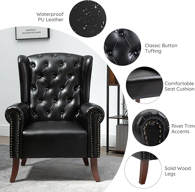 MOJAY Faux Leather Accent Chairs Set of 2 Mid-Century Modern Living Room Chairs Upholstered Club Arm Chair Single Sofa Chair with Solid Wooden Legs for Bedroom Study Home Office Lounges (Black)