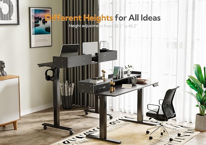 Claiks Standing Desk with Drawers Stand Up Electric Standing Desk Adjustable Height Sit Stand Desk with Storage Shelf and Splice Board 48 Inch Black
