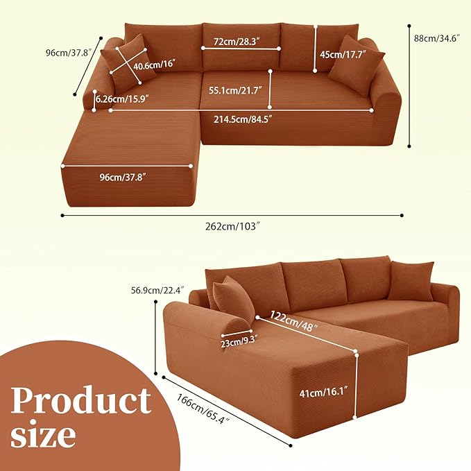 Modular Sectional Couch in a Box 103 L Shaped Boneless Cloud Couch with Deep Seat Convertible Sofa Bed for Living Room Bedroom Apartments No Assembly Required Orange Left Facing Chaise