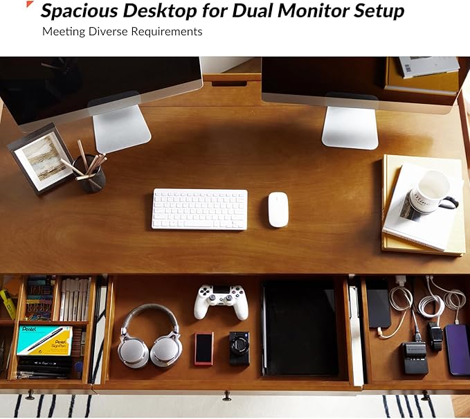 HULALA HOME Home Office Desk with 3 Drawers &amp Solid Wood Legs Writing Table with Charging Station &amp Cable Management Mid Century Modern Desk for Bedroom/Living Room/Study/Workstation Walnut