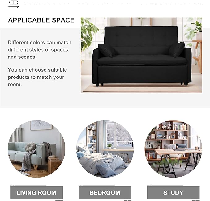 66 Black Sofa Sleeper Loveseat Sofa Bed Queen Size Pull Out Couch with 2 Pillows Pocket &amp Adjustable Backrest Small Couch Bed for Small Spaces Bedroom Apartment Living Room (Black 67) | C