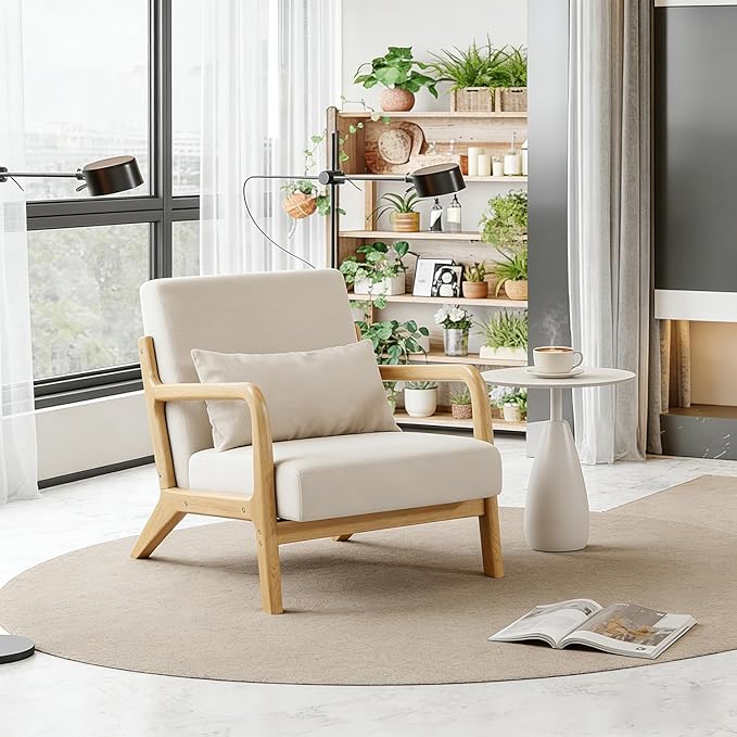 Solid Wood Accent Chair Mid-Century Modern Lounge Armchairs Fabric Upholstered Soft Comfy Living Room Chairs with Armrest Waist Cushion Pillow for Office Reading Waiting Room (Off-White)