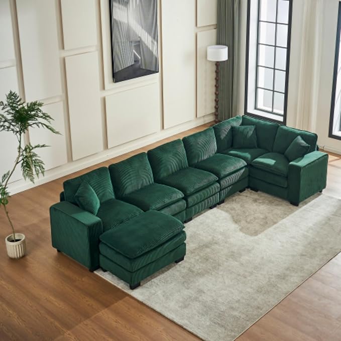Modern U Shaped 6-seat Sectional Sofa Couch with one Ottoman and Three toss PillowsModular Sofa for Living RoomCorduroy Sofa (GreenCorduroy-7 Seat)
