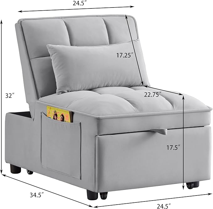 4 in 1 Multi-Function Single Sofa Bed Pull Out Couch with Adjust Backrest Tufted Single Pull-Out Sofa Bed with Storage Pockets and 2 Pillows Velvet Chaise Lounge for Bedroom Living Room (Gray)