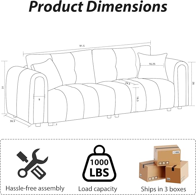 91.5 W Cloud Boucle Sofa for Living Room Modern Comfy Boucle Couch with Rolled Arms and Soft Pillows Teddy Oversized Loveseat for Apartment Studio Bedroom Cream White