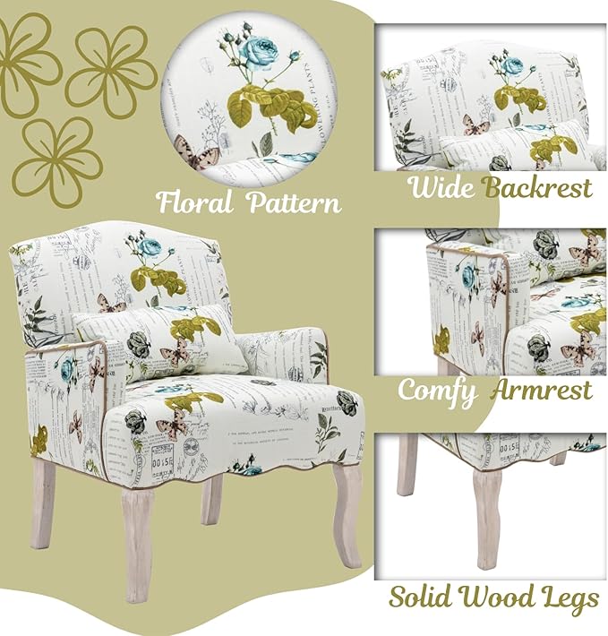 Floral Accent Chair with Arms Linen Fabric Modern Arm Chair with Removable Pillow Upholstered Corner Reading Chair Comfy Single Sofa for Living Room/Bedroom/Fireplace Beige-Butterfly Pattern