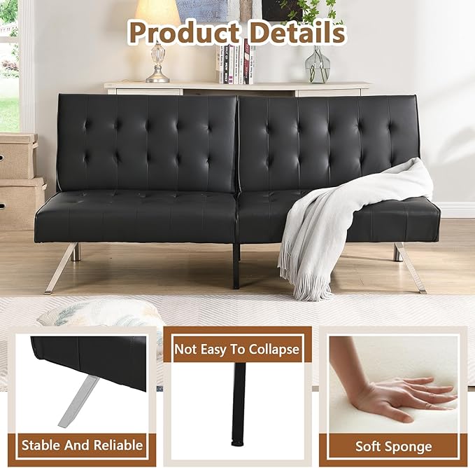 Modern Convertible Futon Sofa Bed Adjustable Loveseat Futon Couch with Metal Legs Upholstered Sofa Bed with Wood Frame Sleeper Couches for Small Compact RV Living RoomOffice (Black-Leather)