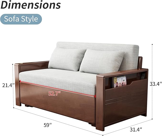 59 Convertible Sofa Sleeper with StorageGrey Cushion Sectional Sleeper Sofa with Reversible ChaiseSolid Wood Sofa Bed 3 in 1 Pull Out Couch Bed for Living RoomApartment (Walnut (Color))