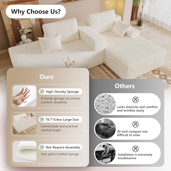 Oversized 80 Double Chaise Lounge Chair Futon Sofa Bed Boneless Cloud Couch Sleeper Sofa Flannel Upholstered Floor Sofa Modular Sectional Loveseat with 2 Throw Pillow &amp Backrest Pillow White