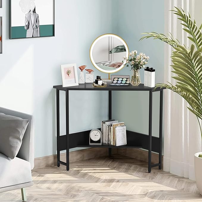 GOFLAME Corner Desk with Power Outlet Triangle Computer Desk for Small Space Space-Saving Writing Desk with Storage Shelf and Charging Station Modern Laptop PC Desk for Home Office Black