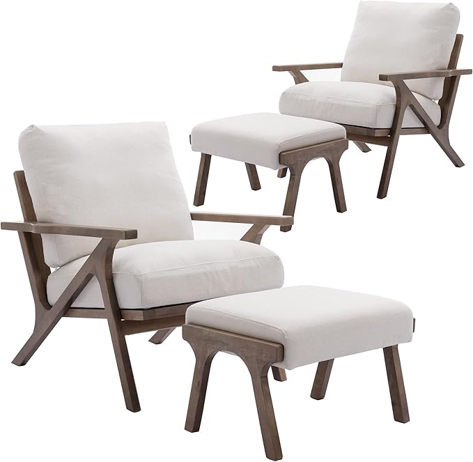 chairus Mid-Century Modern White Linen Accent Chairs with Ottomans Set of 2 Comfy Upholstered Lounge Armchairs with Solid Wood Frame Fabric Reading Chairs for Living Room Bedroom Office