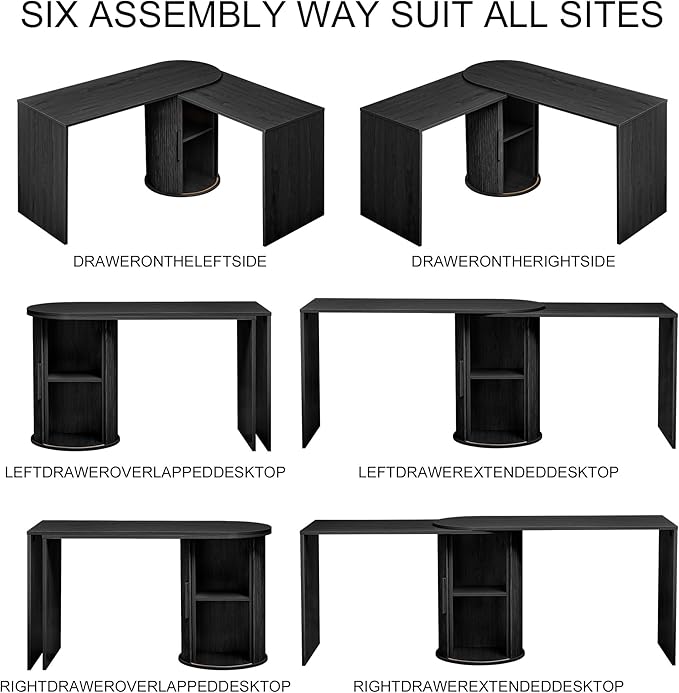 Home Office Desk L Shaped 51-Inch Small Space Modern Office Computer PC Desk with Storage File Cabinet and Reversible Tabletop Corner Work Table for ExecutiveStudyWriting - Black