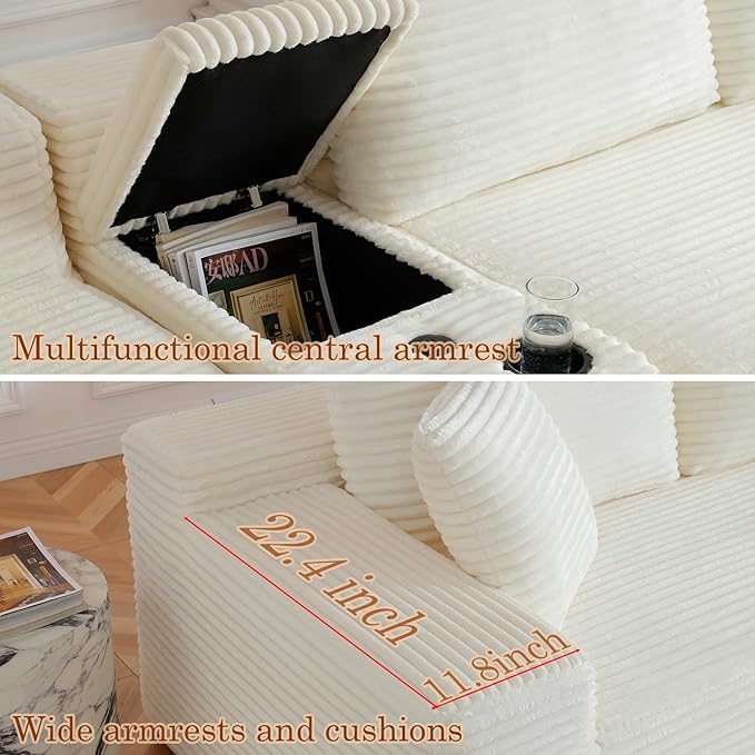 150 Oversized U-Shaped Sectional Sofa Deep Seat Boneless Cloud Corduroy Couch with Cup Holders USB Ports Wireless Charging &amp Storage Box Upholstered Modular Sleeper Sofa for Living Room Beig