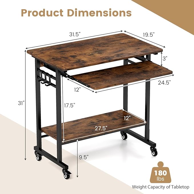 LDAILY Small Computer Desk Portable Desk on Wheels with Spacious Tabletop Keyboard Tray Open PC Stand 3 Earphone Hooks Wooden Rolling Computer Cart Mobile Laptop Desk for Office Home