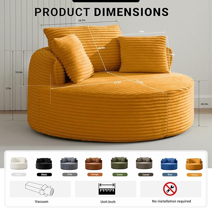 Oversized Round Lounge Chair Indoor Corduroy Upholstered Deep Seat Cloud Circle Sofa Chair Fluffy Boneless Sleeper Chair for Reading &amp Lounging No Assembly Required (Yellow)