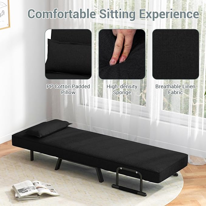 S AFSTAR 4 in 1 Convertible Sofa Bed Sleeper Chair Folding Sofa Arm Chair with Pillow and 6 Position Adjustable Backrest Full Padded Lounger Couch Bed for Home/Office (Black)