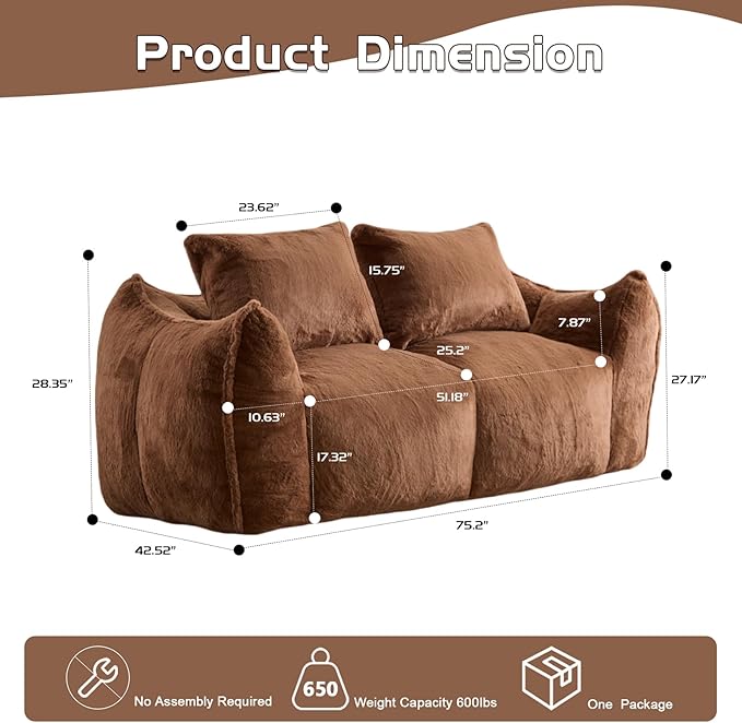 75 Inch Loveseat Bean Bag Couch for Adults Oversized Compressed Boneless Sofa Couch in a Box for Living Room Bedroom Apartment Soft FluffyNo Assembly (Brown)