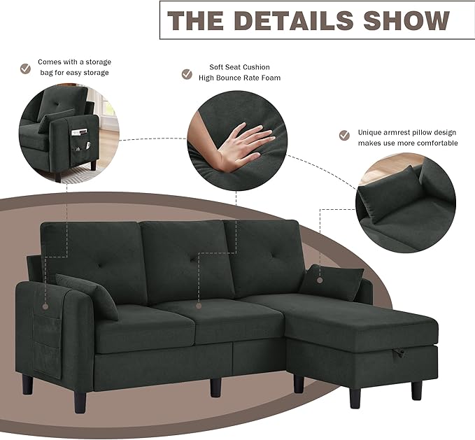 77 Convertible Sectional Couches 3 Seat L Shaped Couch Sofa with Storage Chaise &amp Removable Pillows Linen Fabric Small Couch Mid Century for Living Room Apartment and Office Black
