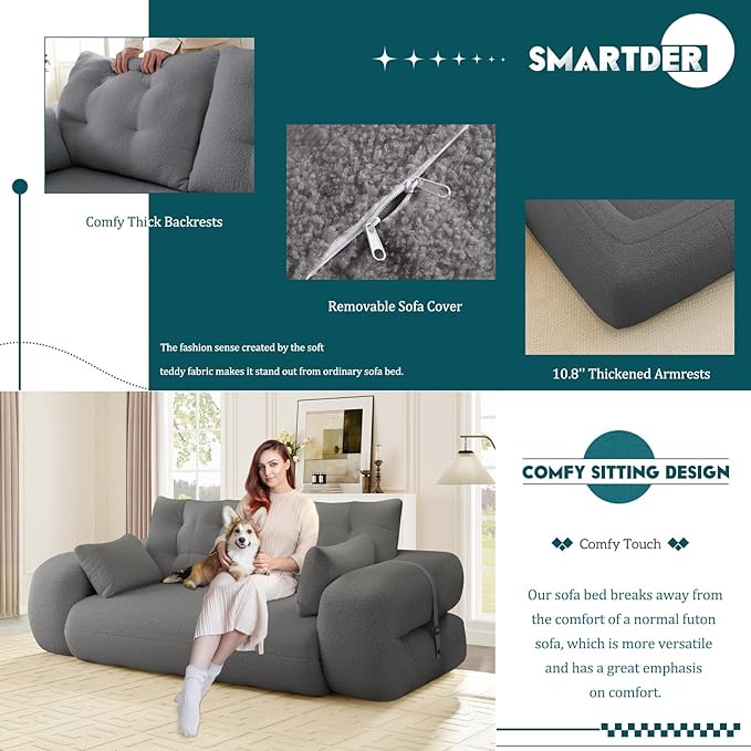 Convertible Sofa Bed with Folding Mattress Oversized Human Dog Bed 3-in-1 Sleeper Couch with Pillows and Thick Armrests 78.7 King Size Floor Sofa for Living Room Bedroom Guest Room Grey Teddy