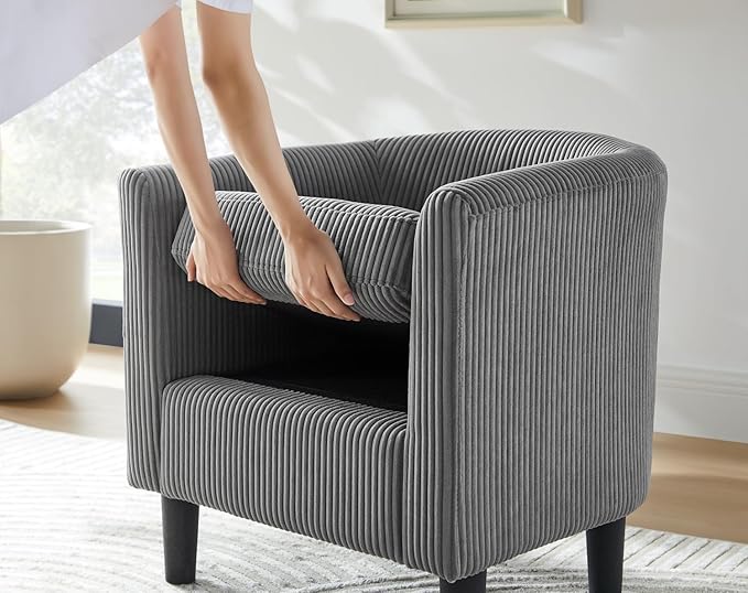 Modern Accent ChairUpholstered Arm Chair Linen Corduroy Single Sofa Chair with Ottoman Foot Rest Comfy Armchair for Living Room Bedroom and Office (Grey)