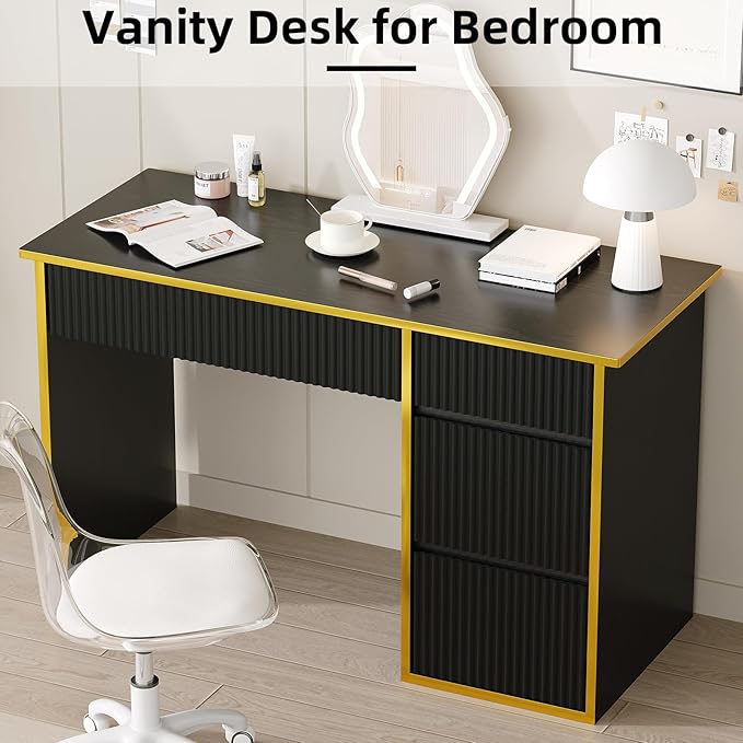 4 EVER WINNER 47 Inch Computer Desk with 4 Drawers Black &amp Gold Modern Home Office Desk Writing Study Gaming Desk for Bedroom Small Space Sturdy Wood Desk with Hidden Handle