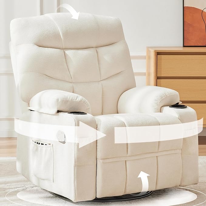 360°Swivel Rocker Recliner ChairRocking Recliner Chair with Adjustable Backrest for AdultsUpholstered Fabric Rocking Chair Swivel for BedroomLiving RoomWhite